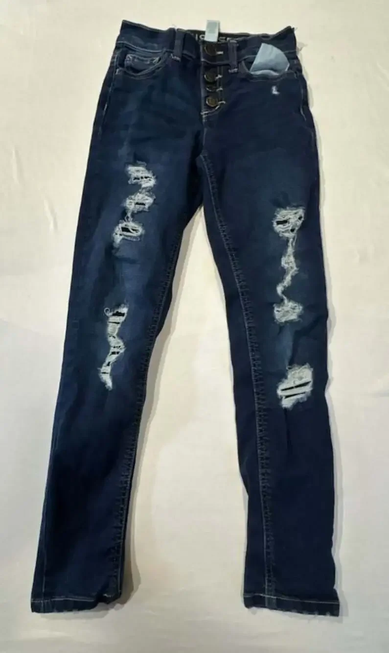 #560 Justice Girls Dark Wash High Rise Distressed Button Fly Jeggings